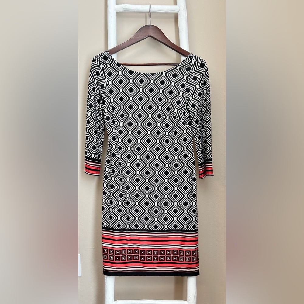 Geometric Black and White Dress with Red Accents